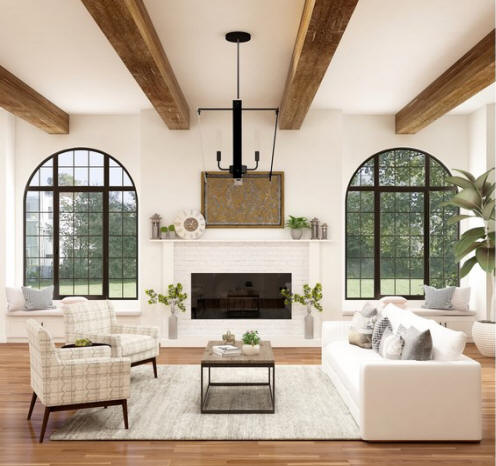 Photo of a spacious living room with large arched windows