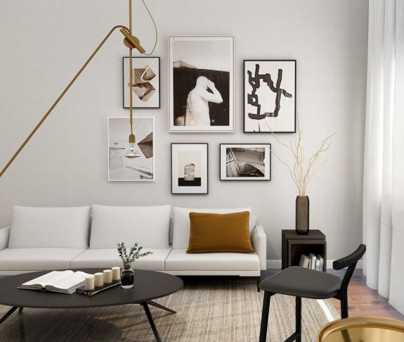 Modern black and white living room with wall art