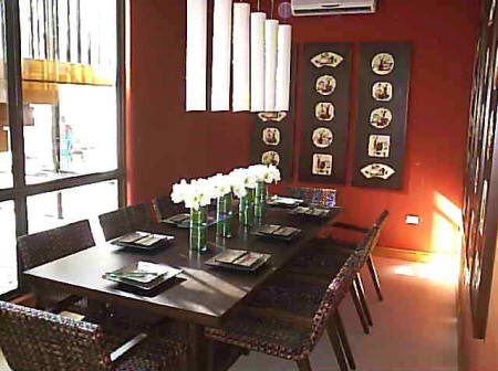 Chic Japanese Inspired Dining Room with Burgandy Walls
