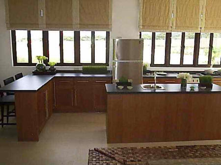 Modern and sleek kitchen interior design with brown varnished cabinets
